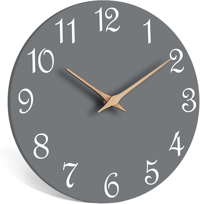 Mosewa Wall Clock Silent Non Ticking Decorative for Bedroom Bathroom Office Living Room Battery Operated Gray Wood Modern Simple(10 Inch)