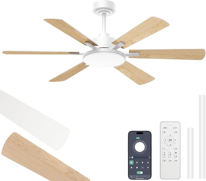 52 Inch Ceiling Fans with Lights, 6 Double Sided Blades, Ultra Quiet Reversible DC Motor, Remote & APP Control, 6 Speeds, 3CCT Dimmable LED with Memory Function, Downrod Mount for Living Room, White