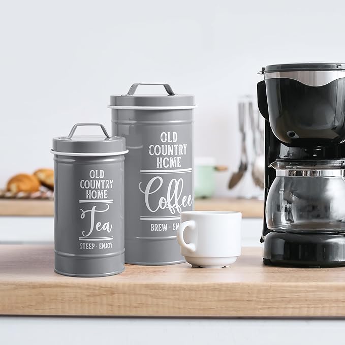 DAYYET Gray Canisters Sets for the Kitchen, Airtight Kitchen Canisters for Countertop, Flour and Sugar Containers, Tea Coffee Sugar Canister Set, Gray Kitchen Decor and Accessories, Set of 4