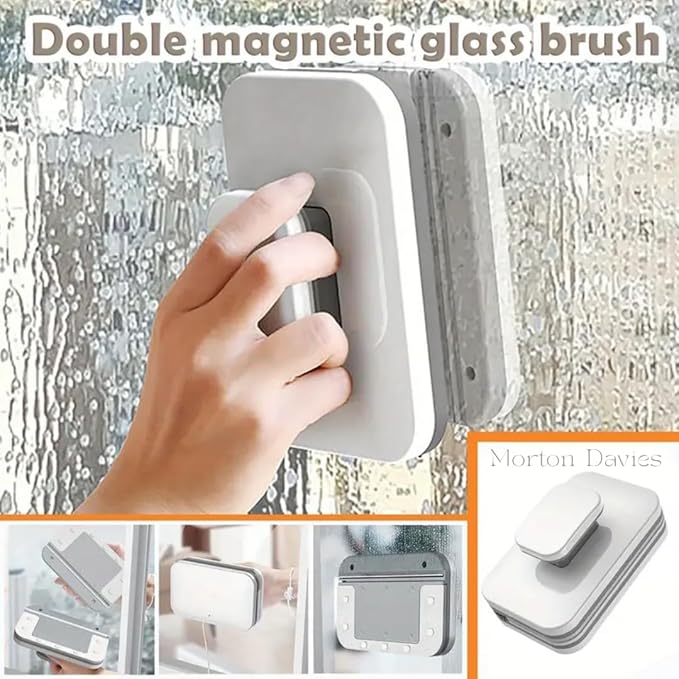 Magnetic Window Glass Cleaner | Doublefaced Glass Cleaner | Double-Side Glazed Two Sided Wiper with 2 Extra Cleaning Cotton Squeegee Washing Equipment Household Magnet (White)