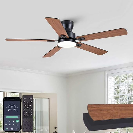 Ceiling Fans with Lights, 52'' Low Profile Ceiling Fan with Light and Remote/APP Control, Modern Flush Mount Ceiling Fan for Indoor Bedroom Living Room, Dimmable, Qiuet DC Motor, Brown