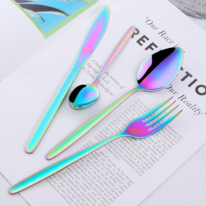 Rainbow Silverware Set, BuyGo 24-Piece Stainless Steel Camping Flatware Dinnerware Set for 6, Hand Polish, Dishwasher Safe
