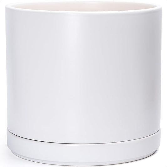 D'vine Dev 16 Inch Ceramic Planter Pot, White, 94-O-H-1 | Modern Cylinder Design, Drainage Hole & Saucer Included, Stable Structure, Elegant Home Accent