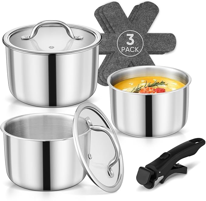 Walchoice 9pcs Stainless Steel Cookware Set, Tri-Ply Sauce Pans Set with Detachable Handle, Induction Pots Cooking Set for RV, Camping, Kitchen, Oven & Dishwasher Safe