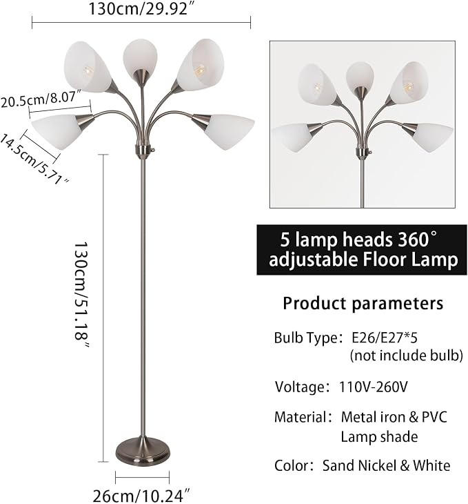 HonoDing Medusa Floor Lamp Standing Lamp 5 Heads Adjustable Reading Light Large Shade Use E26 A19 Bulb for Living Room Bedroom Satin Nickel