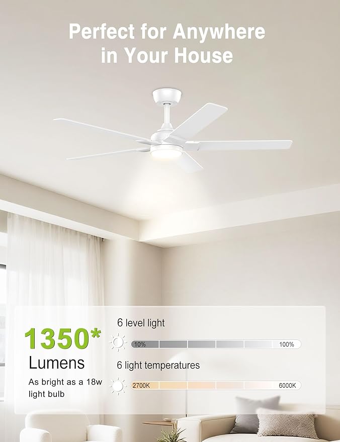 DAMINY 52 inch White Ceiling Fans with Lights,5 Blades,6CCT, Low Profile,Remote Control,for Bedroom, Kitchen,Living Room,Indoor/Outdoor Use,Downrod