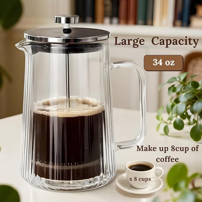 French Press Coffee Maker – Double-Wall Borosilicate Glass | Ribbed Manual Brewer with Stainless Steel Mesh Filter for Hot & Cold Coffee or Tea (34oz /1000ml)