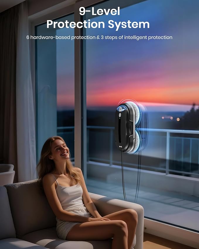 BNZ Smart Window Cleaning Robot, Twin Turbo & Dual Auto-Spray Window Cleaner with Multiple Safety System, AI Path Planning, Frameless Edge Detection, K1 (Matt Black)