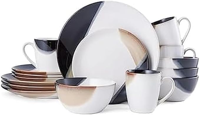 Mikasa Gourmet Basics Caden 16-Piece Stoneware Dinnerware Set, Service for 4, White Glossy Center with Black and Tan Two-Tone Reactive Glaze, Dishwasher and Microwave Safe
