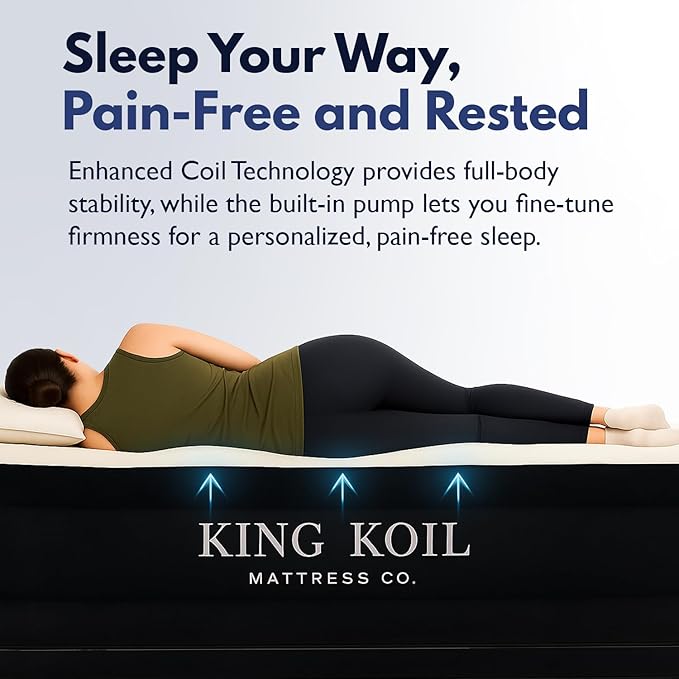King Koil Luxury Camping Air Mattress Queen Size with Built-in Pump, Portable Travel Airbed, Waterproof Durable Inflatable Double High Blow Up Bed, 1-Year Warranty Manufacturer Warranty
