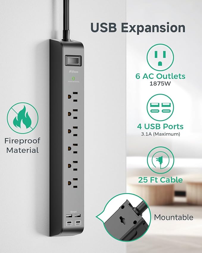 2 Pack Power Strips Surge Protector, 25FT Flat Extension Cord with Multiple Outlets, 6 Outlets 4 USB Charging Ports, Flat Plug, Overload Protection, Wall Mount for Home Dorm Office