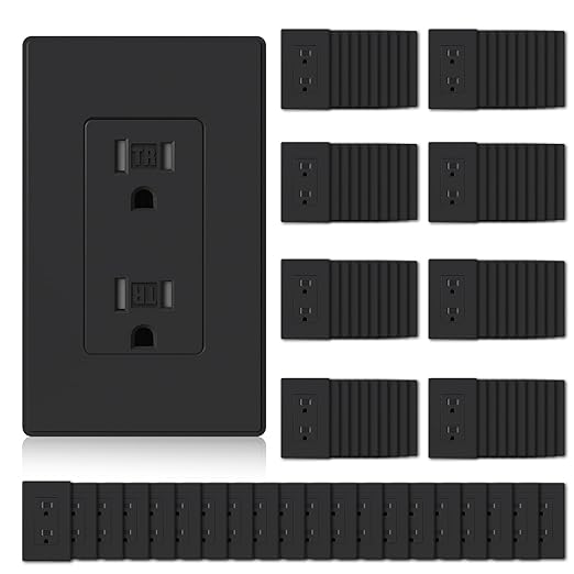 ELEGRP Matte Black Tamper Resistant Decorator Wall Receptacle Outlet, 15A 125V Electrical Outlet, Residential Grade, Self-grounding, Screwless Wall Plate Included, UL Listed, 100 Pack