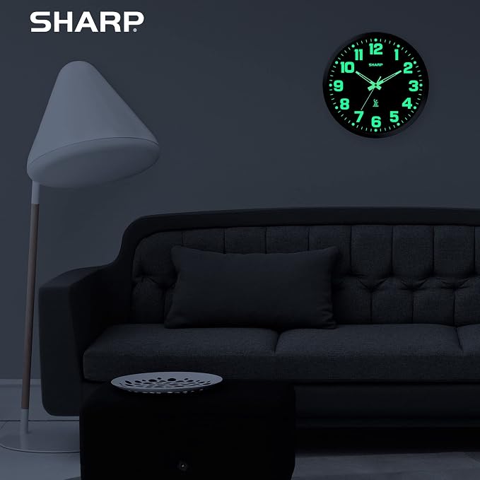 Sharp Glow in the Dark Atomic Analog Wall Clock - 12" Clock with Black Frame - Sets Automatically - Battery Operated - Easy to Read - Easy to Use – See Day or Night!