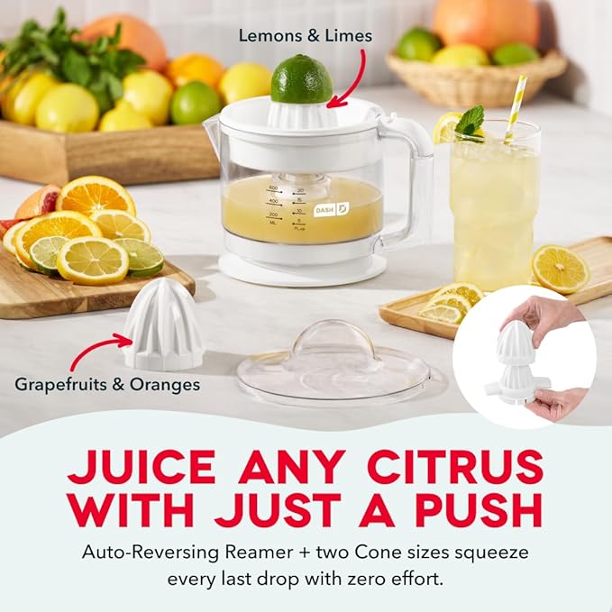 Dash Dual Electric Citrus Juicer Machine - Orange Juicer and Lemon Squeezer with Auto-Reversing Reamer, Adjustable Pulp Control, Mess-Free Spout, 20 oz Juice Container-Lime Squeezer for Home-White