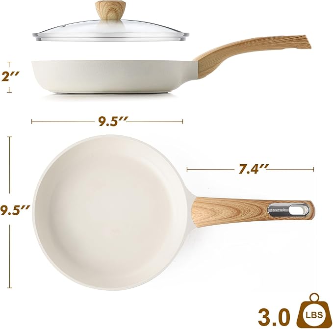 SENSARTE 9.5inch Ceramic Nonstick Frying Pan Skillet with Lid, White | Non Stick Omelet Pans, Non-toxic Healthy Kitchen Cooking Chefs Pan, PFOA/PFAS/PTFE Free, Induction Compatible