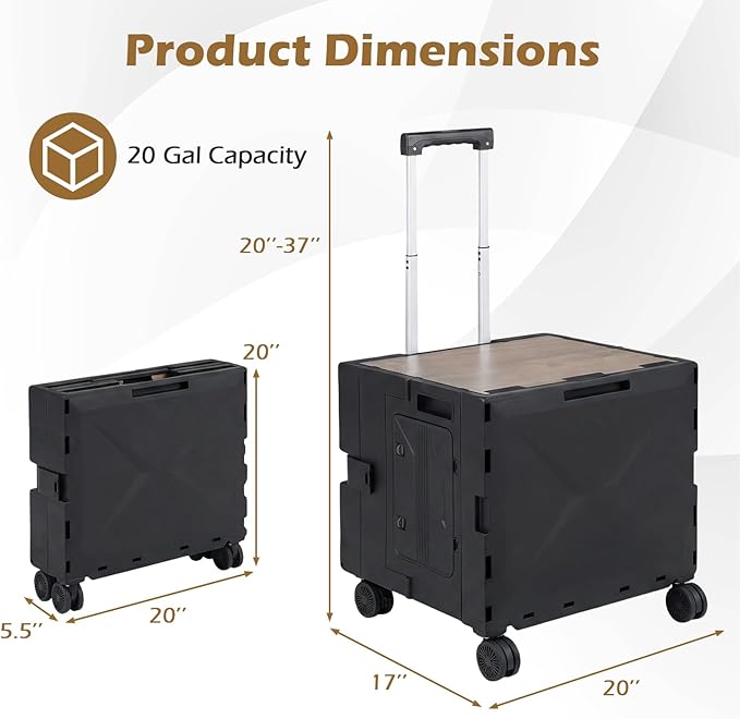 Goplus Foldable Utility Cart, Portable Rolling Crate Handcart with 4 Rotate Wheels, Telescoping Handle, Lid & Cup Holder for Travel, Shopping, Luggage, Grocery, Office & Teacher (Black)