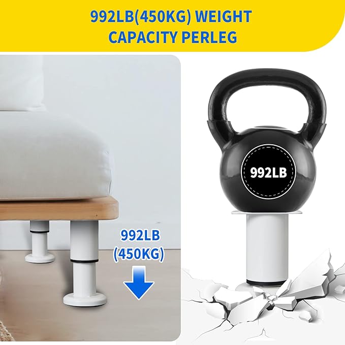 6 Pcs Adjustable Height Furniture Support Legs [with Screws] 3.15-4.72 inch, Metal Heavy Duty Furniture Replacement Legs for Chair/Bed/Sofa/Cabinet/Couch/Dresser/Bed/Table (White)