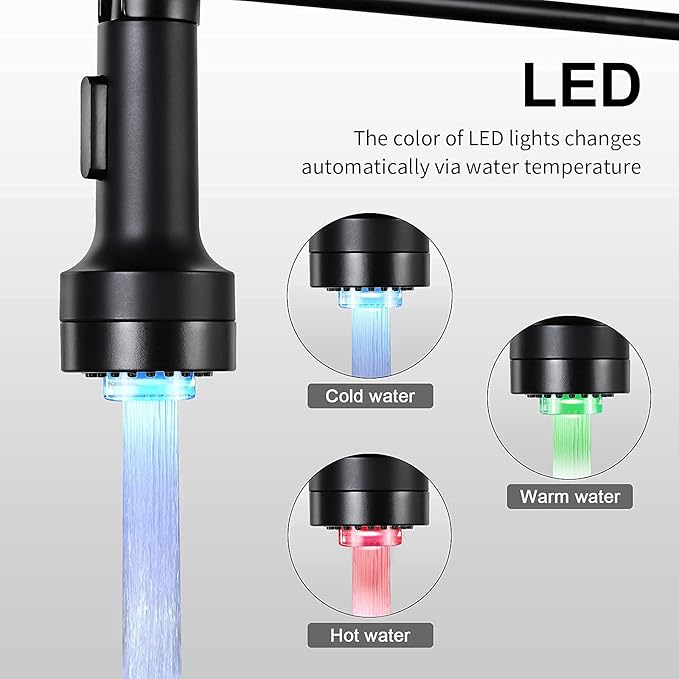 DJS Kitchen Faucets with Pull Down Sprayer LED Light Single Handle 1 or 3 Holes Spring Kitchen Sink Faucet with Deck Plate for Farmhouse RV Vessel Basin