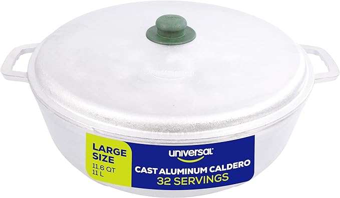 Universal (Professional Large) Caldero 32 Cups - 11.6 QT / 11 L, Stainless Aluminum Pot, Even Heat Distribution and Fast Cooking Dutch Oven Pot, Ergonomic Handles, Ideal for Rice, and French Fries