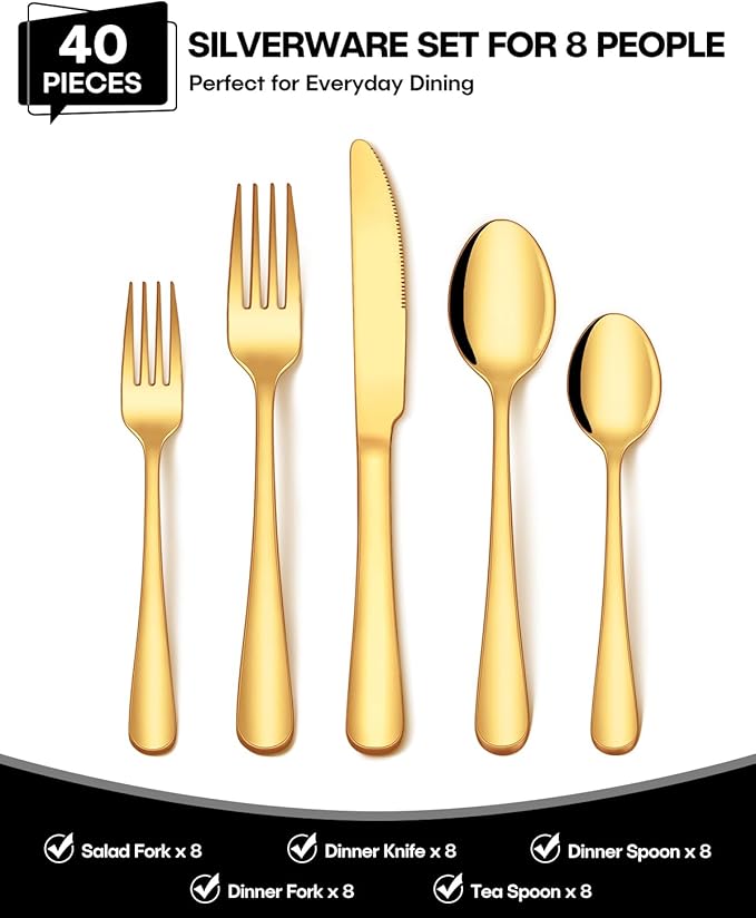 EUIRIO 40Pcs Gold Silverware Set, Stainless Steel Flatware Cutlery Set Service for 8, Mirror Polished Gold Utensils Set Include Forks Spoons Knives for Home, Wedding, Restaurant, Dishwasher Safe