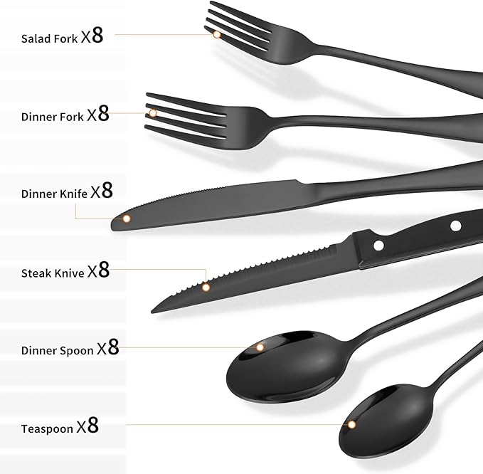 Lazycorner 53 Piece Black Silverware Set for 8, Flatware Set with Steak Knives for 8 and 5 Serving Use Set 18/10 Stainless Steel Serving Utensils Set Cutlery Set For Restaurant Hotel Dishwasher Safe