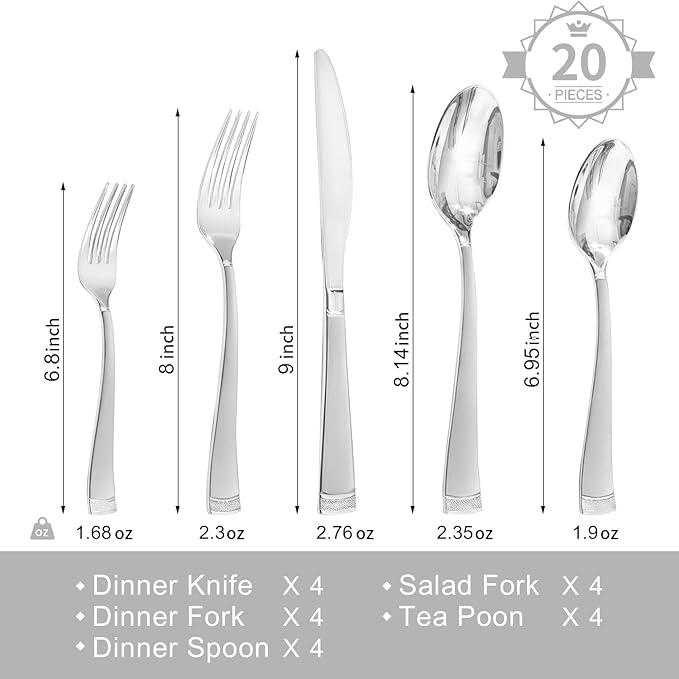 KINGSTONE Silverware Set, 20-Piece Flatware Set for 4, 18/10 Stainless Steel Cutlery Set with Bead Edge, Utensil for Kitchen, Home, Party, Wedding, Matte Silver, Dishwasher Safe, Featured Gifts