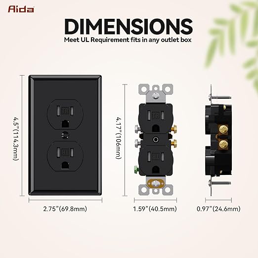 AIDA 50 Pack Black Standard Duplex Electrical Wall Receptacle Outlet, 15A 125V, 2 Pole 3 Wire, Tamper Resistant, NEMA 5-15R, Self-Grounding, Wall Plate Included, UL Listed
