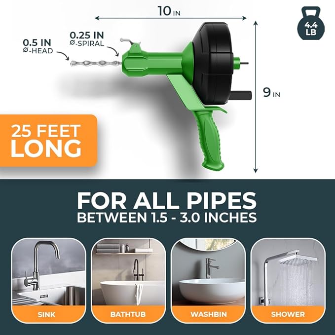 MEISTERFAKTUR drain snake - Auto Feed - Ideal plumbing snake for sink and drain unblocking - Solid drain auger for real DYIs! (25FT - NEW)