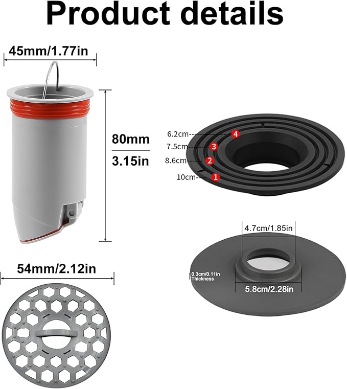 2Pcs Odor-Proof Shower Drain Plug with Magnetic Backflow Preventer, Hair Catcher, and Variable Diameter Washers, Fits drains, sewers, and Pipes with Inner diameters from 1.5" to 3.9"