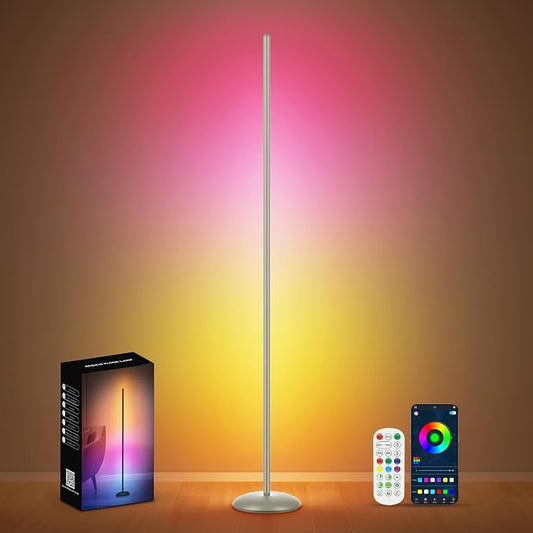 LED Corner Lamp, Smart RGB Floor Lamp with Music Sync, APP & Remote | Floor Lamp Dimmable with 16 Million Color Changing, Music Sync, Standing Lamps for Bedroom, Living Room, Gaming Room - Silver