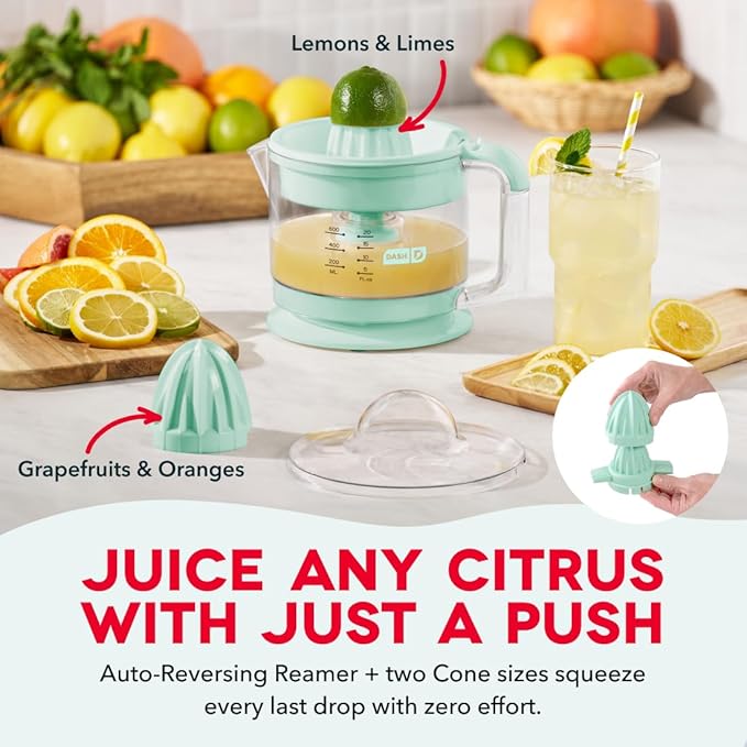 Dash Dual Electric Citrus Juicer Machine - Orange Juicer and Lemon Squeezer with Auto-Reversing Reamer, Adjustable Pulp Control, Mess-Free Spout, 20 oz Juice Container-Lime Squeezer for Home - Aqua