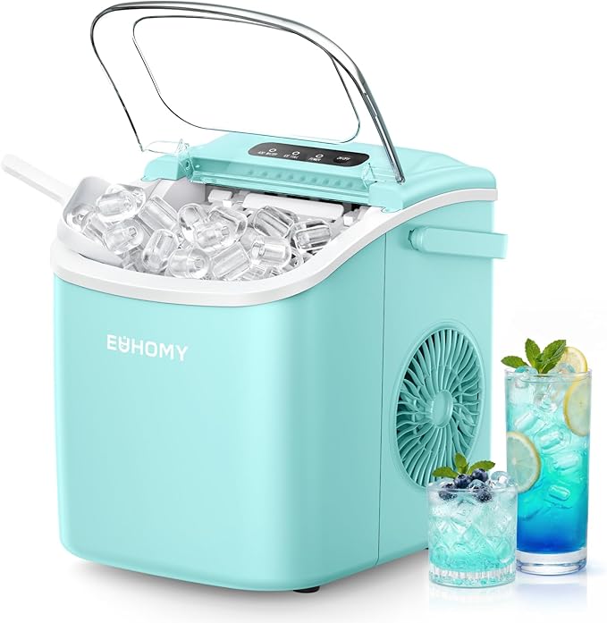 EUHOMY Countertop Ice Maker Machine with Handle, 26lbs Per Day, 9 Ice Cubes Ready in 6 Mins, Auto-Cleaning Portable Ice Maker with Basket and Scoop, for Home/Kitchen/Camping/RV (Green)