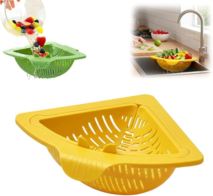 Magnetic Triangle Sink Strainer Basket, 2026 Upgrade Kitchen Corner Drain Rack with Twist-Open Bottom, Metal Sink Food Scraps Filter and Sponge Holder Produce Rinse Basket