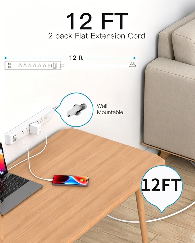 2 Pack Power Strip, 12FT Extension Cord, Surge Protector with 6 Outlets and 4 USB Ports (2 USB C), Extension Cord with Multiple Outlets, Flat Plug Overload Protection, Wall Mount for Home Dorm College