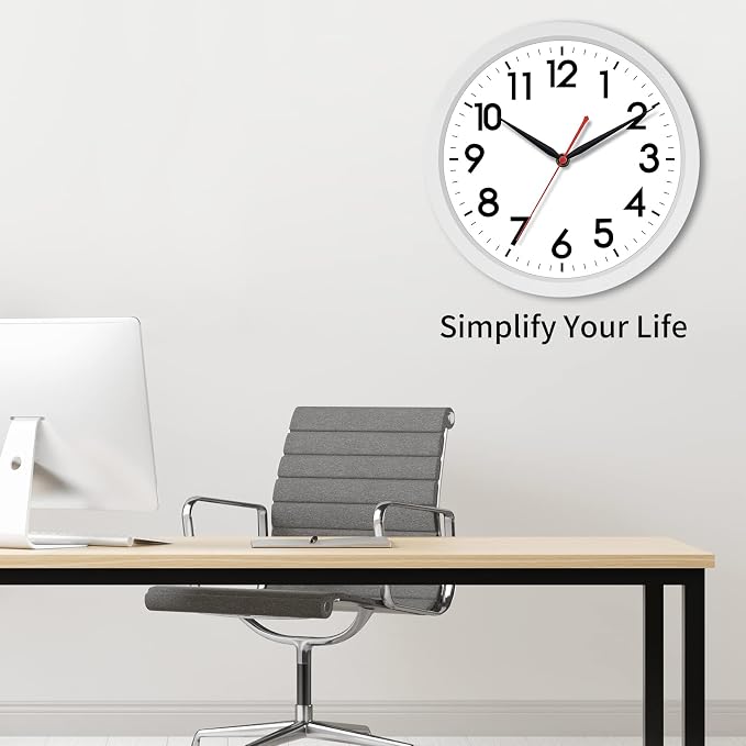 AKCISOT 10 Inch Wall Clock, Battery Operated Analog Clock, Silent Non-Ticking, Ideal for Bedroom, Bathroom, Kitchen, Office and School, White