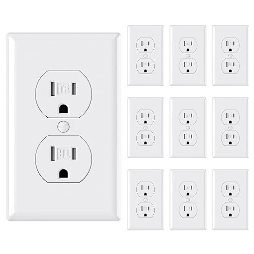 AIDA 10 Pack White Standard Duplex Electrical Wall Receptacle Outlet, 15A 125V, 2 Pole 3 Wire, Tamper Resistant, NEMA 5-15R, Self-Grounding, Wall Plate Included, UL Listed
