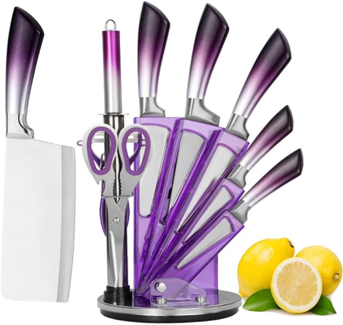 Kitchen Knife Set, 9 Pieces Purple Cleaver Knives Set with Rotatable Block, Non Stick Sharp Stainless Steel Chef Knife Set with Sharpener for Kitchen, Cooking Tools for Chefs Home Cooks (Purple)