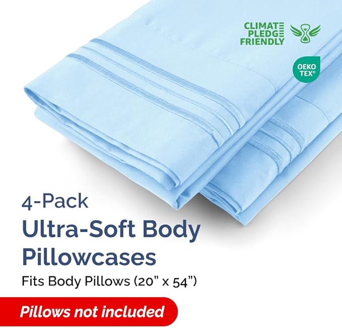Body Pillowcases Set of 4-20x54 Long Body Pillow Case - Soft Body Pillow Cover for Sleeping & Side Sleepers - Comfy, Breathable & Fade Free - Machine Washable w/Envelope Enclosure - (Light Blue)