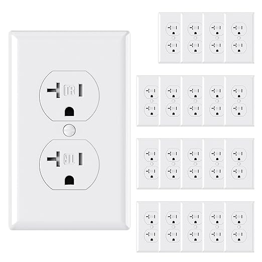 AIDA 20 Amps Outlets Duplex Electrical Receptacle Outlets,Tamper Resistant,Heavy-Duty Receptacle Wall Outlet,Residential,TR,3-Wire, Self-Grounding Clip,Wall Plate Included,UL Listed (20 Pack, White)