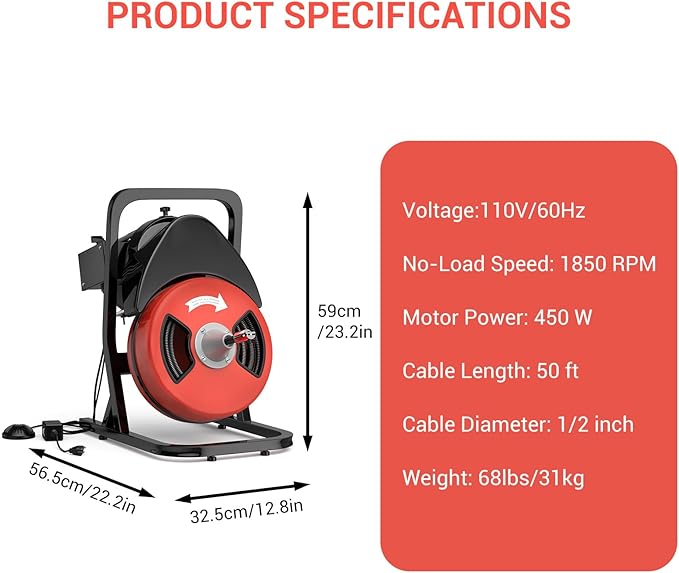 50 FT x 1/2 Inch Drain Cleaner Machine, Sewer Snake Electric Cleaning Machine with Wheels for 2" to 4" Pipes, Plumbing Power Augers Cleaner with 6 Cutter and Foot Switch for Sewer, Sink, Toilet