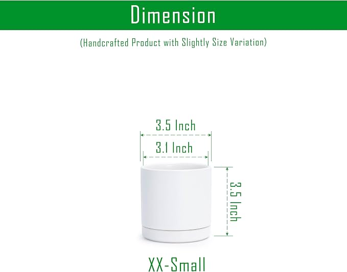 D'vine Dev 3.5 Inch Ceramic Planter Pot with Drainage Hole and Saucer, Indoor Cylinder Round Planter Pot, White, 94-O-A-1
