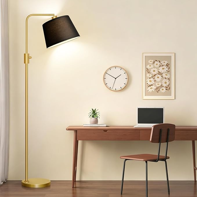 Nintiue Dimmable Gold Floor Lamp, 1000 LM LED Edison Bulb Included, Arc Floor Lamps for Living Room with Black Shade, Modern Standing Lamp Tall Lamps for Living Room Bedroom