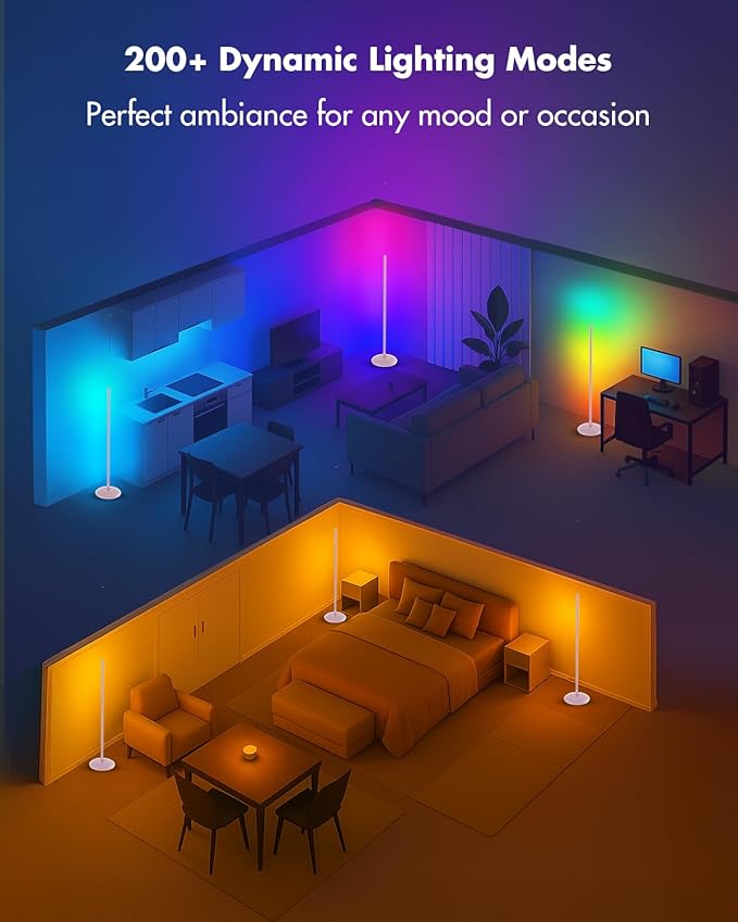 LED Corner Lamp, Smart RGB Floor Lamp with Music Sync, APP & Remote | Floor Lamp Dimmable with 16 Million Color Changing, Music Sync, Standing Lamps for Bedroom, Living Room, Gaming Room - Silver