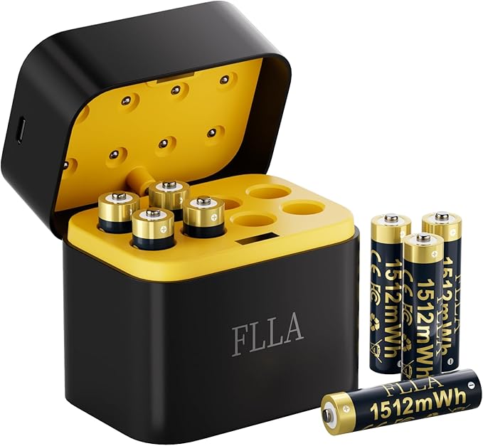 Flla Rechargeable AAA Lithium Batteries, 8 Pack 1.5V 1512mWh Triple A Batteries with USB-C Fast Charger & Storage Case, 2000+ Cycles for Blink Cameras, TV Remotes, Home Electronics