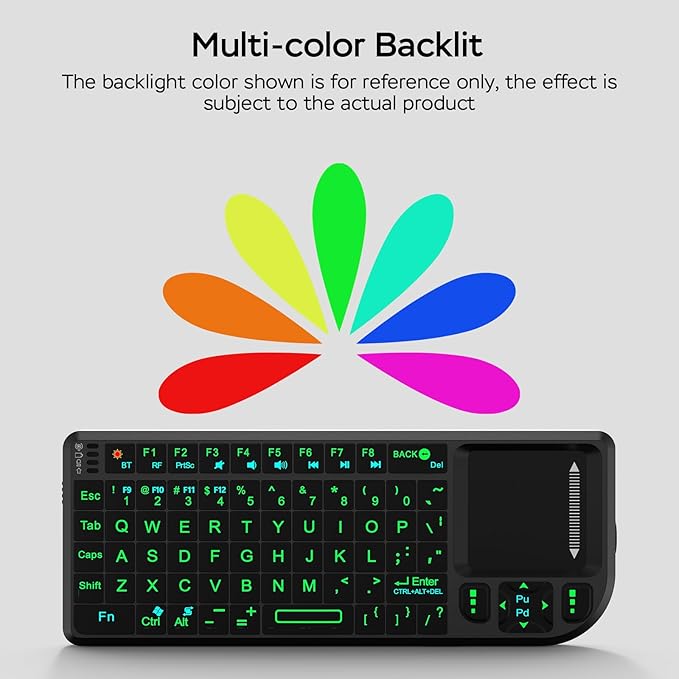 Mini Wireless Keyboard with Touchpad, 2.4G+BT Dual Mode 7-Color Backlit Remote, Compatible with PC/Tablet/TV/Smartphone, Rechargeable Handheld Portable for Travel, Office and Home Use