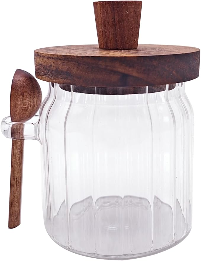 Coriario 13 OZ Glass Jar with Lid and Spoon Airtight Glass Candy Jars Wide Mouth Ribbed Glass Coffee Storage Canister Wooden Handle Lids for Food Sugar Cookie Tea Decorative