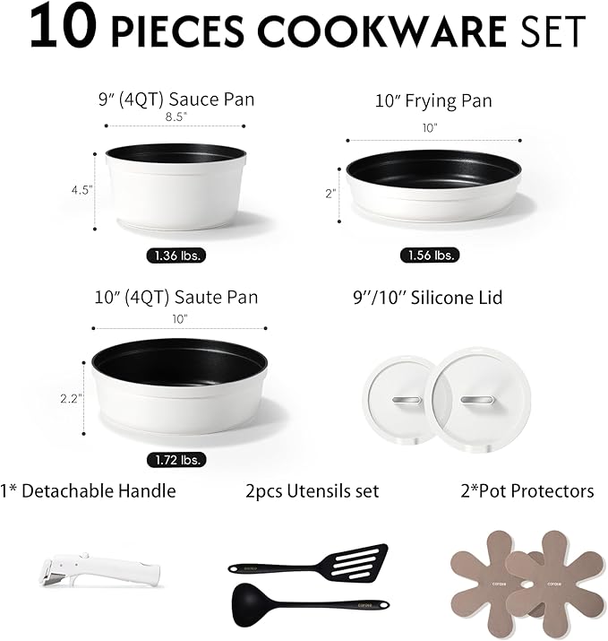 CAROTE 22pcs Pots and Pans Set Non Stick, Detachable Handle Cookware Set White, RV Cooking Set, Dishwasher/Oven/Fridge Safe, Pot and Pan Set, Induction Cookware