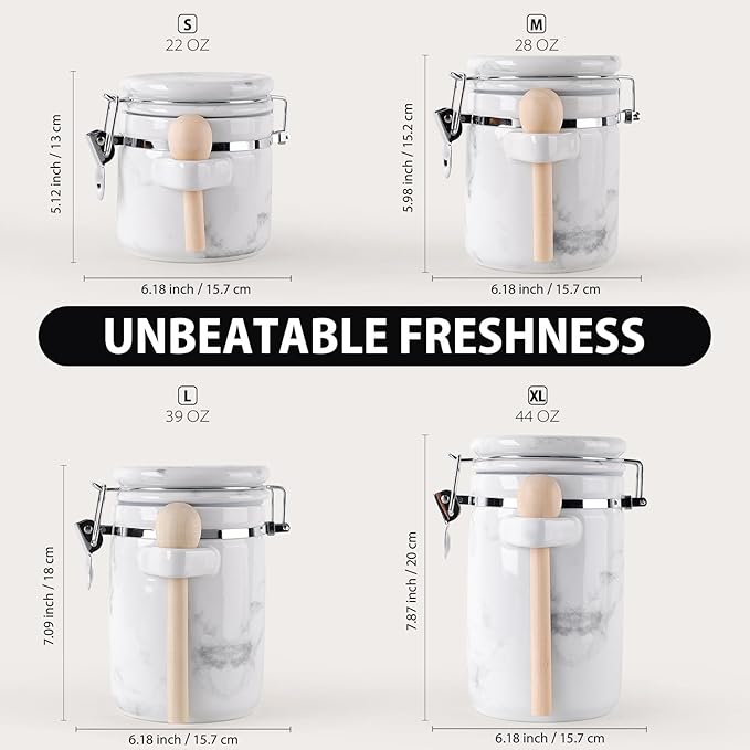 4-Piece Airtight Ceramic Canisters Set with Wooden Spoons & Chalk Labels – Perfect for Coffee, Sugar, Flour, Tea (Marble) – Stylish & Leakproof Kitchen Storage