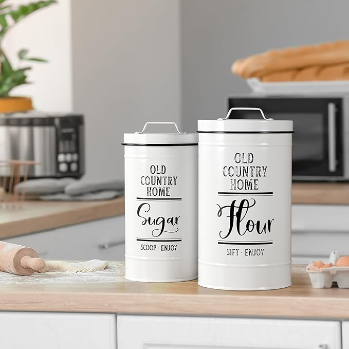 Bivvclaz Canisters Sets for the Kitchen, Airtight Kitchen Canisters for Countertop, Flour and Sugar Containers, Tea Coffee Sugar Canister Set, Coffee Bar Decor and Accessories, Set of 4, White