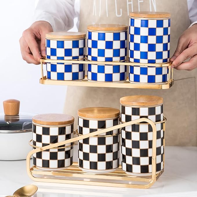 Kitchen Countertop Ceramic Canisters Set, 3Pcs Grid Pattern Kitchen Jars with Layered Shelves, Sealed Countertop Flour and Sugar Containers, Coffee and Tea Storage